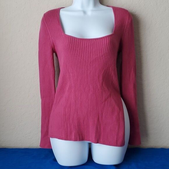 Open Edit Sweaters - Open Edit Ribbed Knit Long Sleeve Sweater Size Medium Pink Scoop Neck Top**